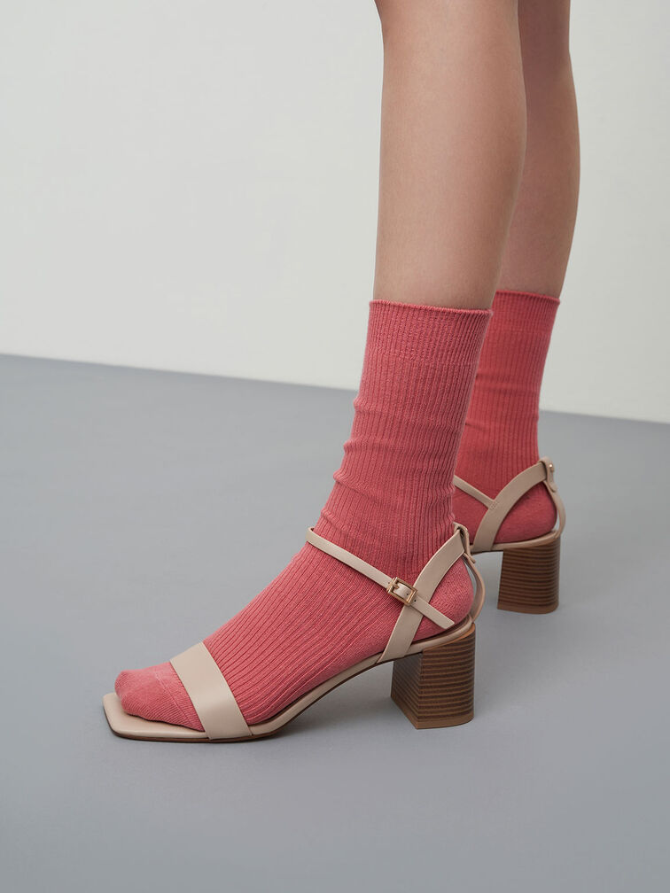 Ankle Strap Stacked Heel Sandals, Chalk, hi-res