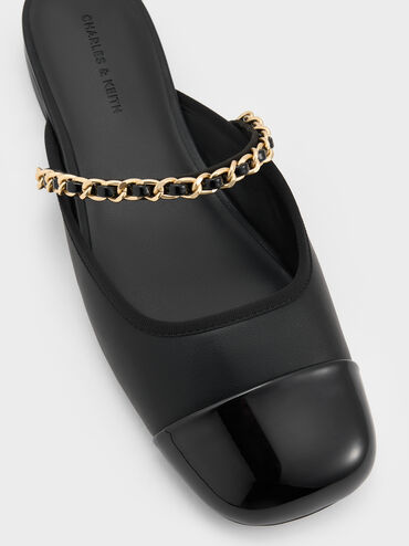 Patent Chain-Strap Mules, Black, hi-res