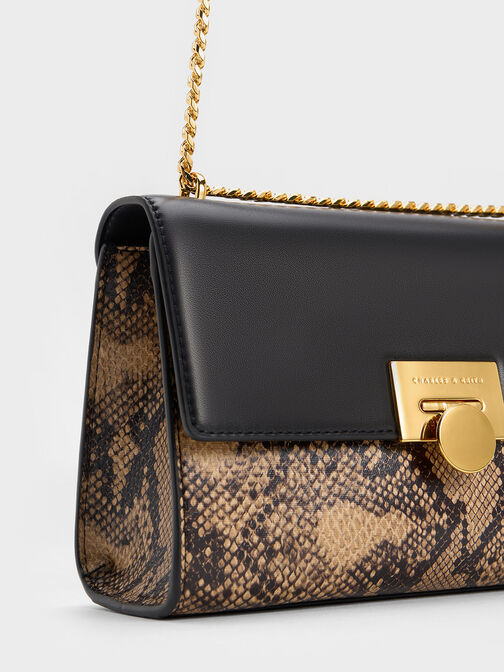 Snake Print Metallic Accent Clutch, Beige, hi-res