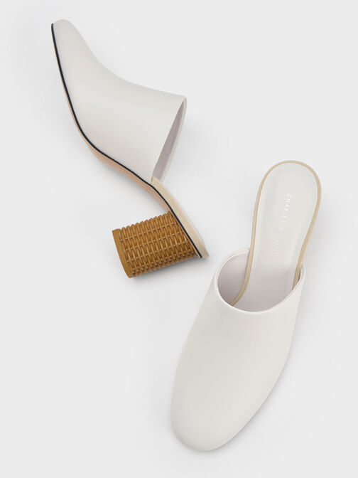 Rattan Block Heel Mules, White, hi-res