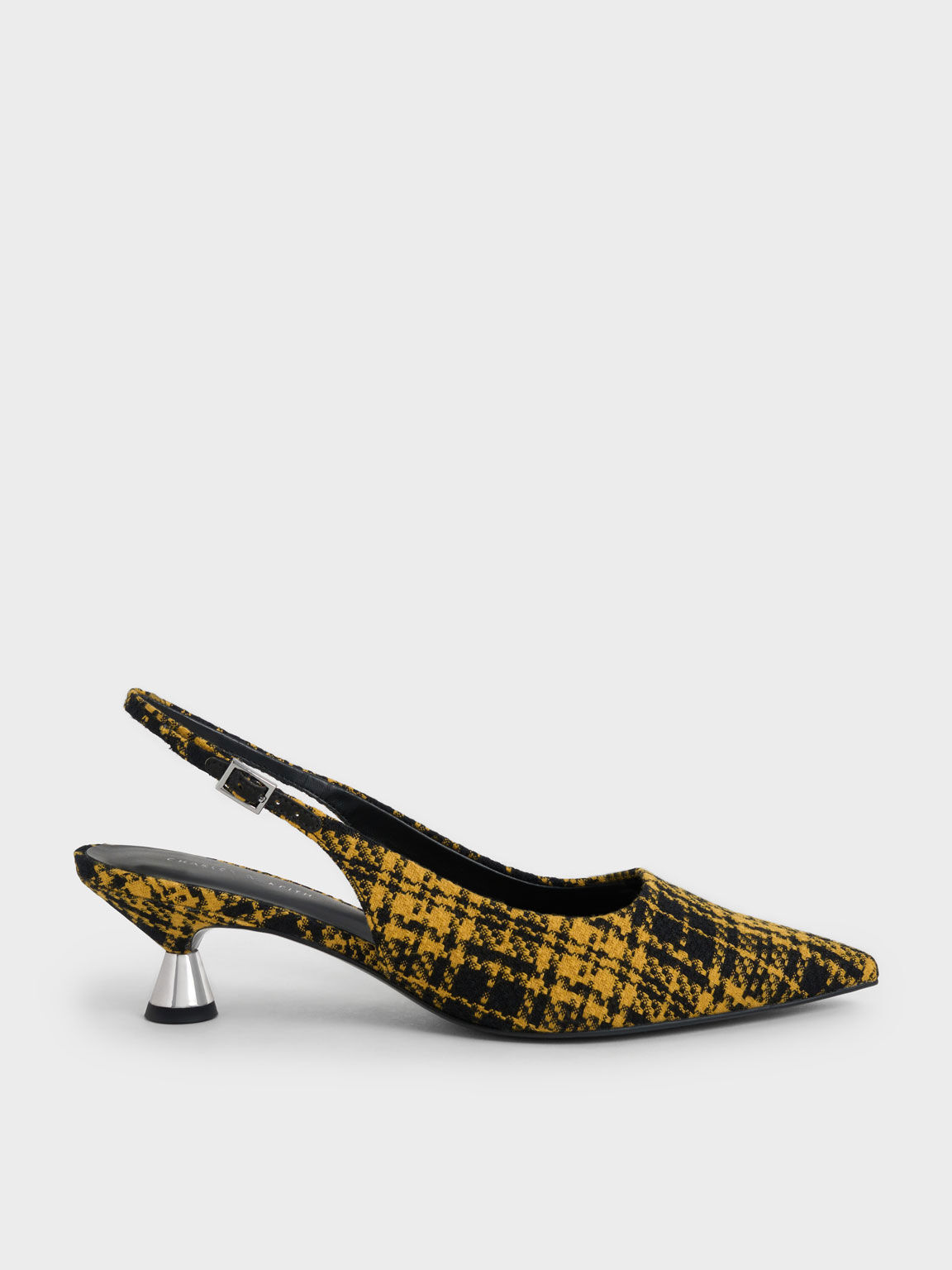 Checkered Spool Heel Slingback Pumps, Yellow, hi-res