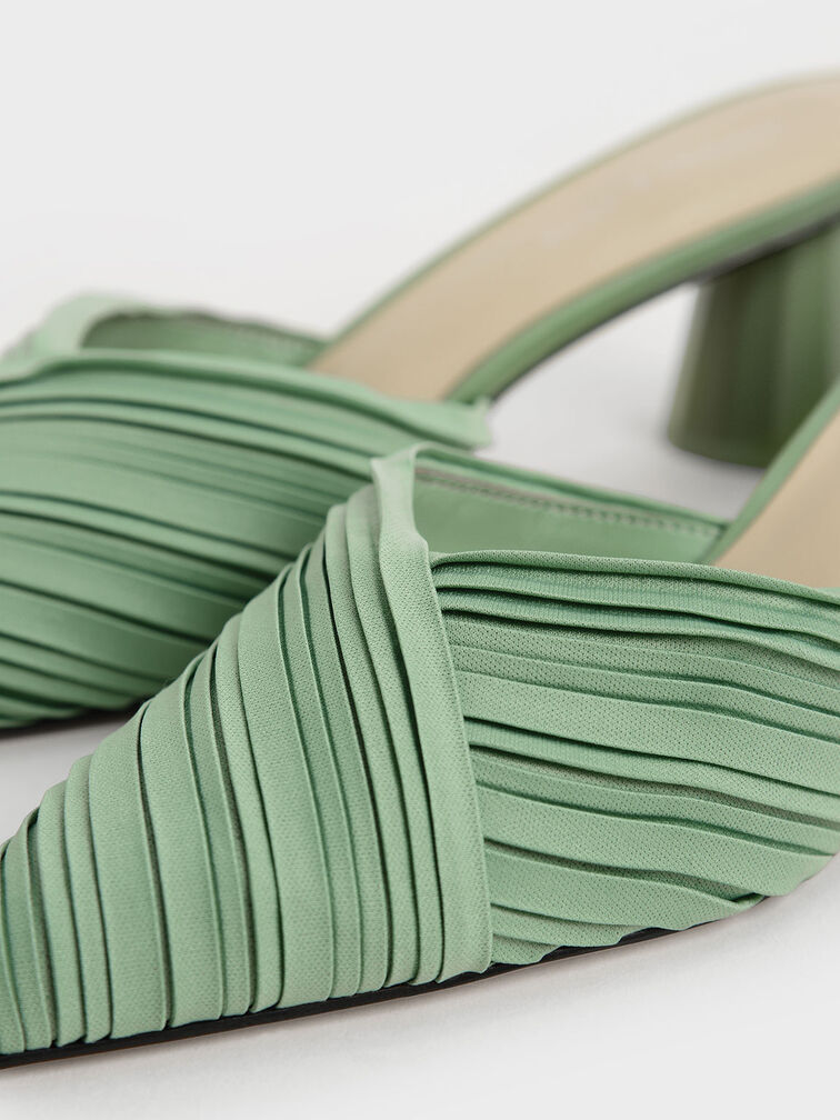 Pleated Pointed Toe Mules, Green, hi-res