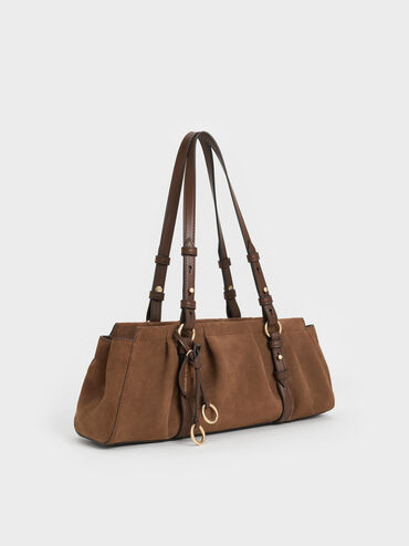 Britton Recycled Suede Ruched Elongated Shoulder Bag, Mocha Brown, hi-res