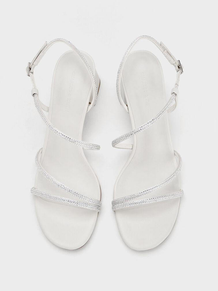 Satin Crystal-Embellished Block-Heel Strappy Sandals, White, hi-res