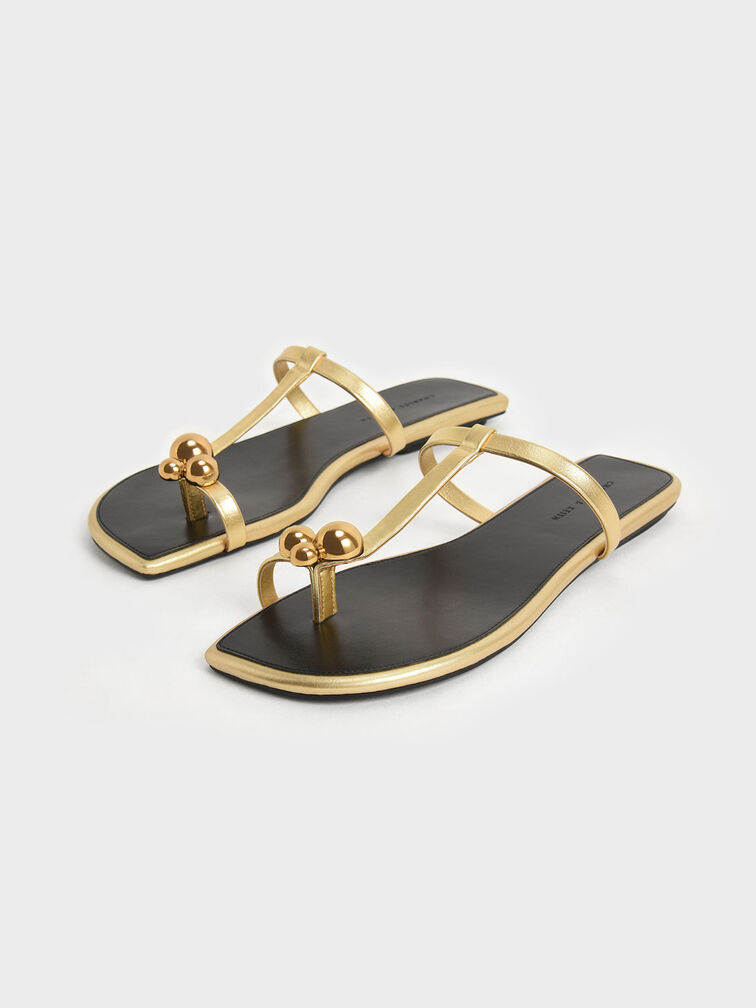 Embellished Toe-Ring Metallic Flat Sandals, Gold, hi-res