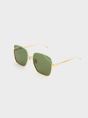 نظارة شمسية مربعة مع إطار معدني مموج, لون أخضر, hi-res