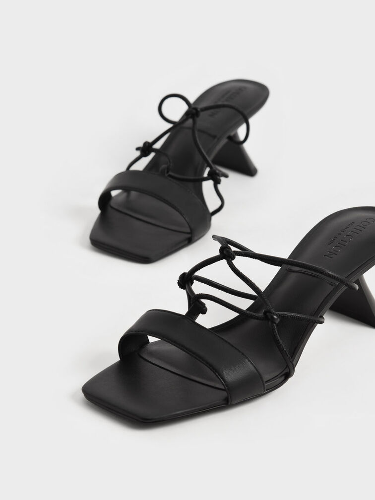Strappy Leather Sculptural Heel Sandals, Black, hi-res