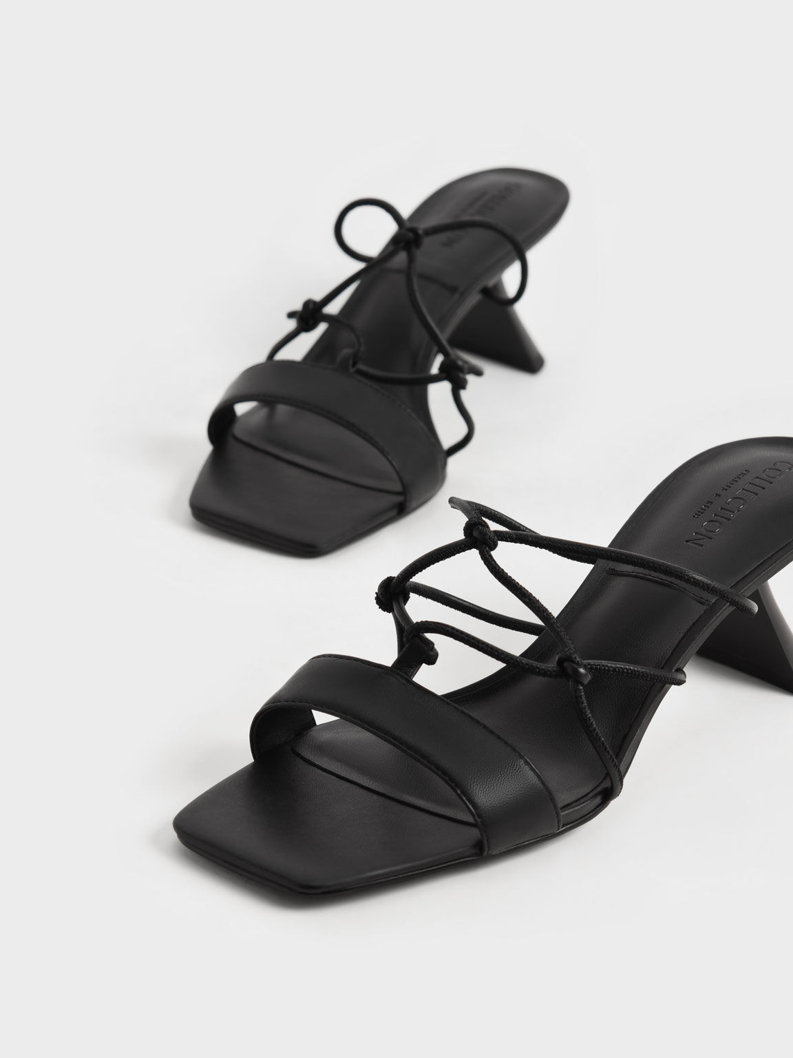 Strappy Leather Sculptural Heel Sandals, Black, hi-res