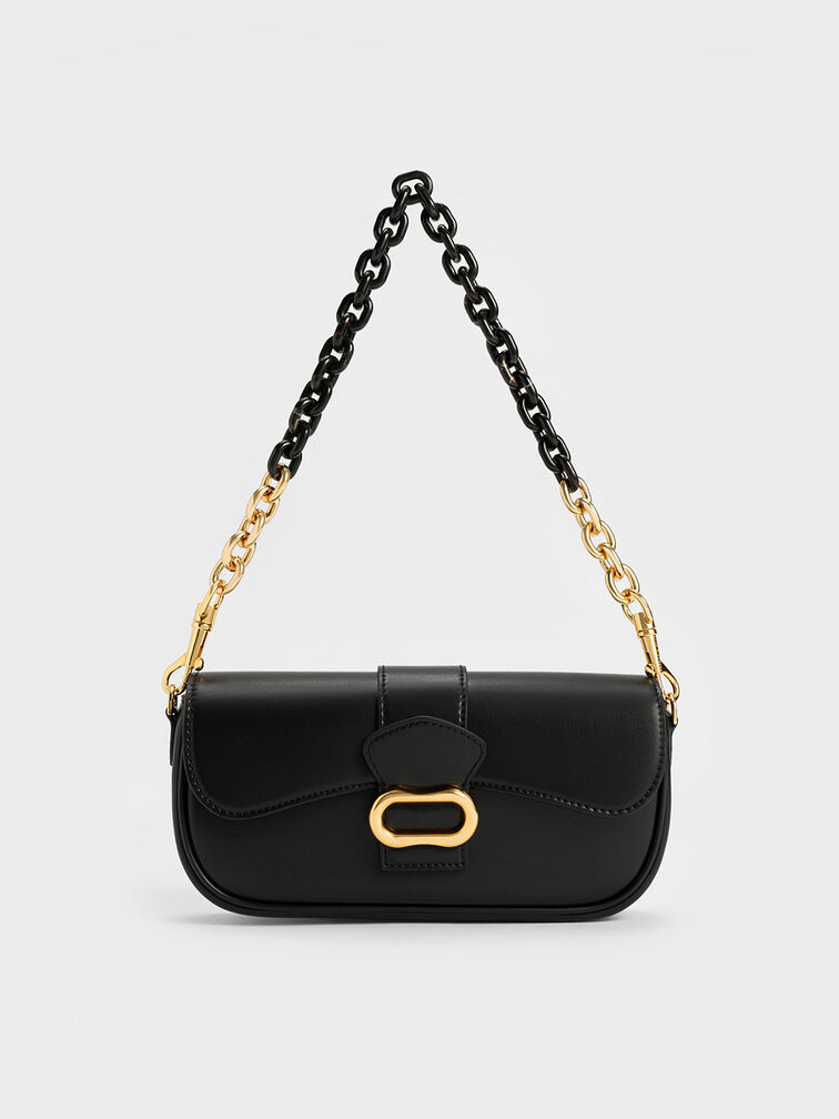 Daki Belted Curved Bag, Black, hi-res
