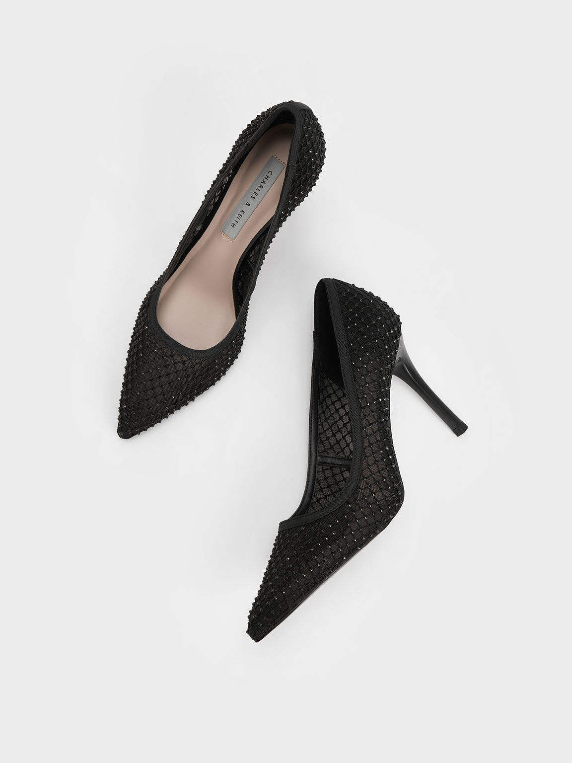 Gem-Encrusted Mesh Heeled Pumps, Black, hi-res