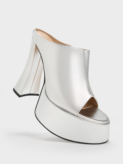 Delphine Leather Metallic Platform Mules, Silver, hi-res