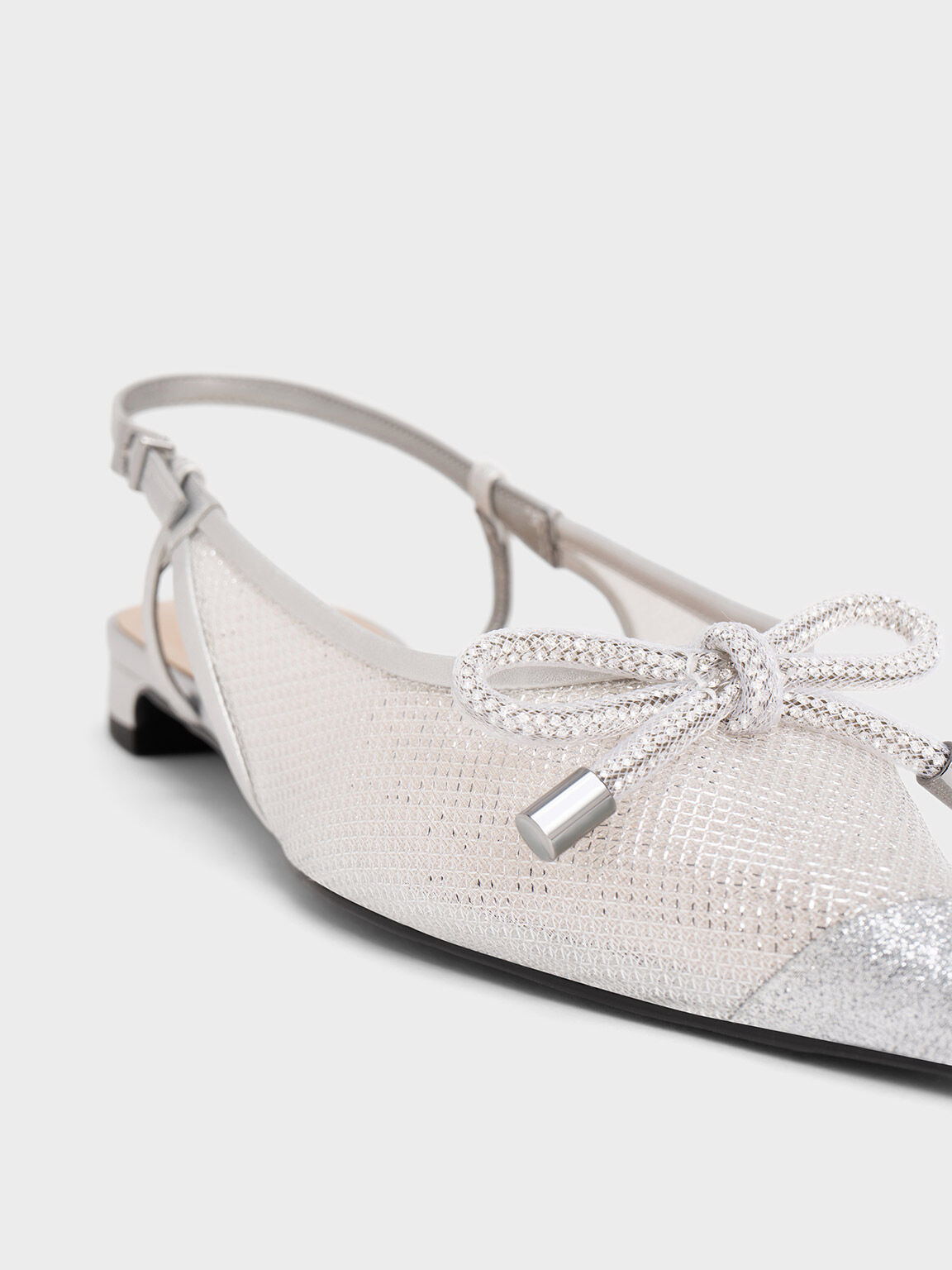 Embellished-Bow Mesh Slingback Ballerinas, Silver, hi-res