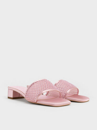 Mesh Crystal-Embellished Heeled Mules, Light Pink, hi-res