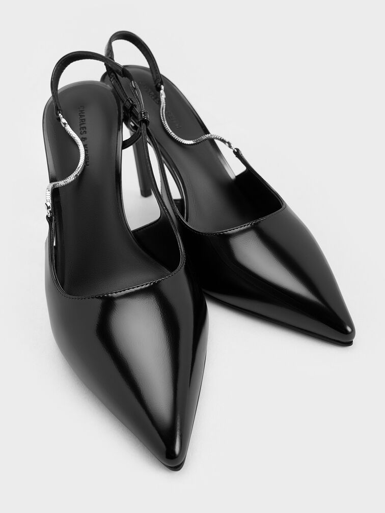 Chain-Strap Pointed-Toe Slingback Pumps, Black Boxed, hi-res