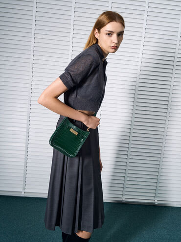 Aurelia Croc-Effect Metallic-Accent Crossbody Bag, Dark Green, hi-res