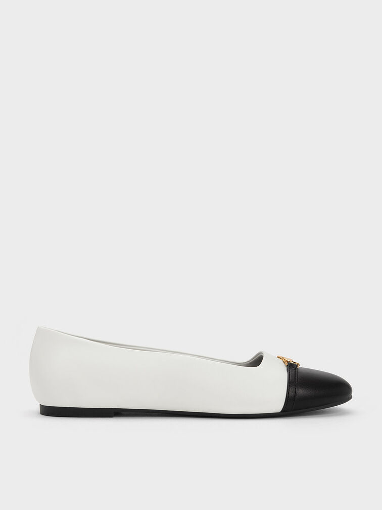 Metallic Accent Two-Tone Ballerinas, White, hi-res