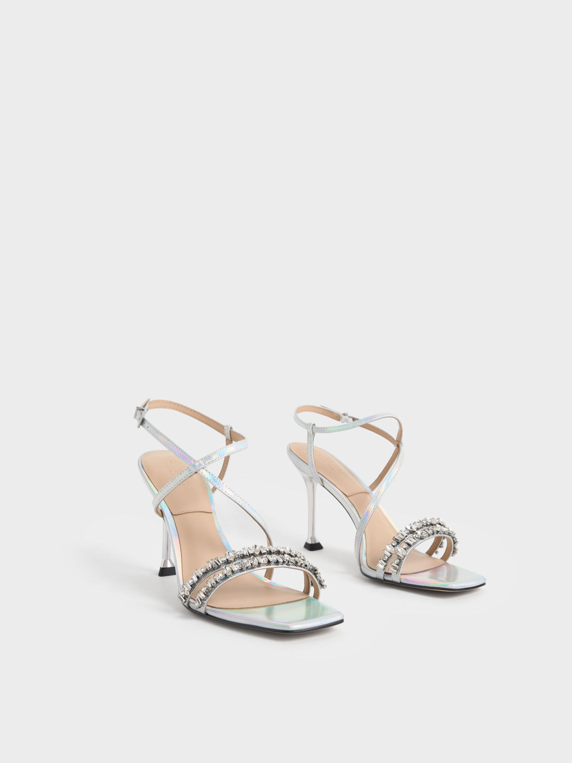 Holographic Leather Gem-Embellished Strappy Sandals, Multi, hi-res