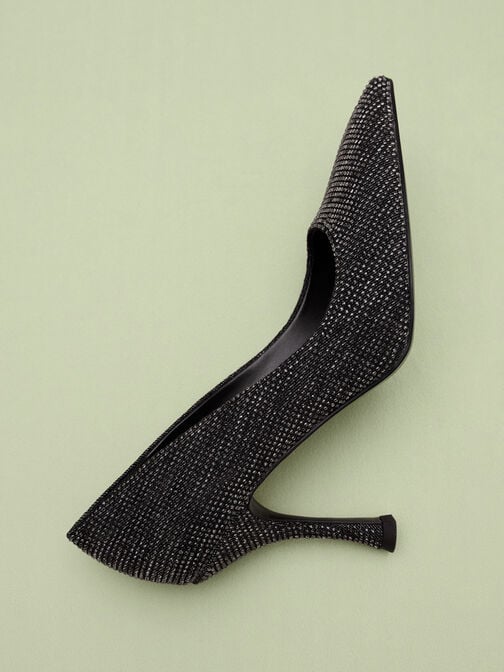 Denim Pointed-Toe Spool-Heel Pumps, Black Textured Denim Pointed-Toe Spool-Heel Pumps, Black Textured, hi-res