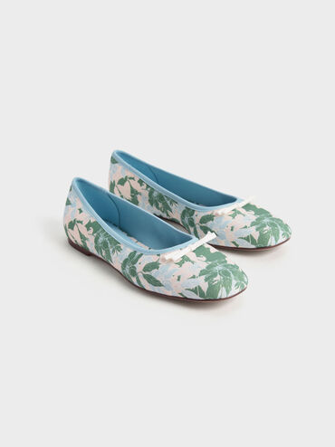 حذاء باليرينا من الكتان مغطى بطبعة زهور مع فيونكة أنيقة, متعدد, hi-res