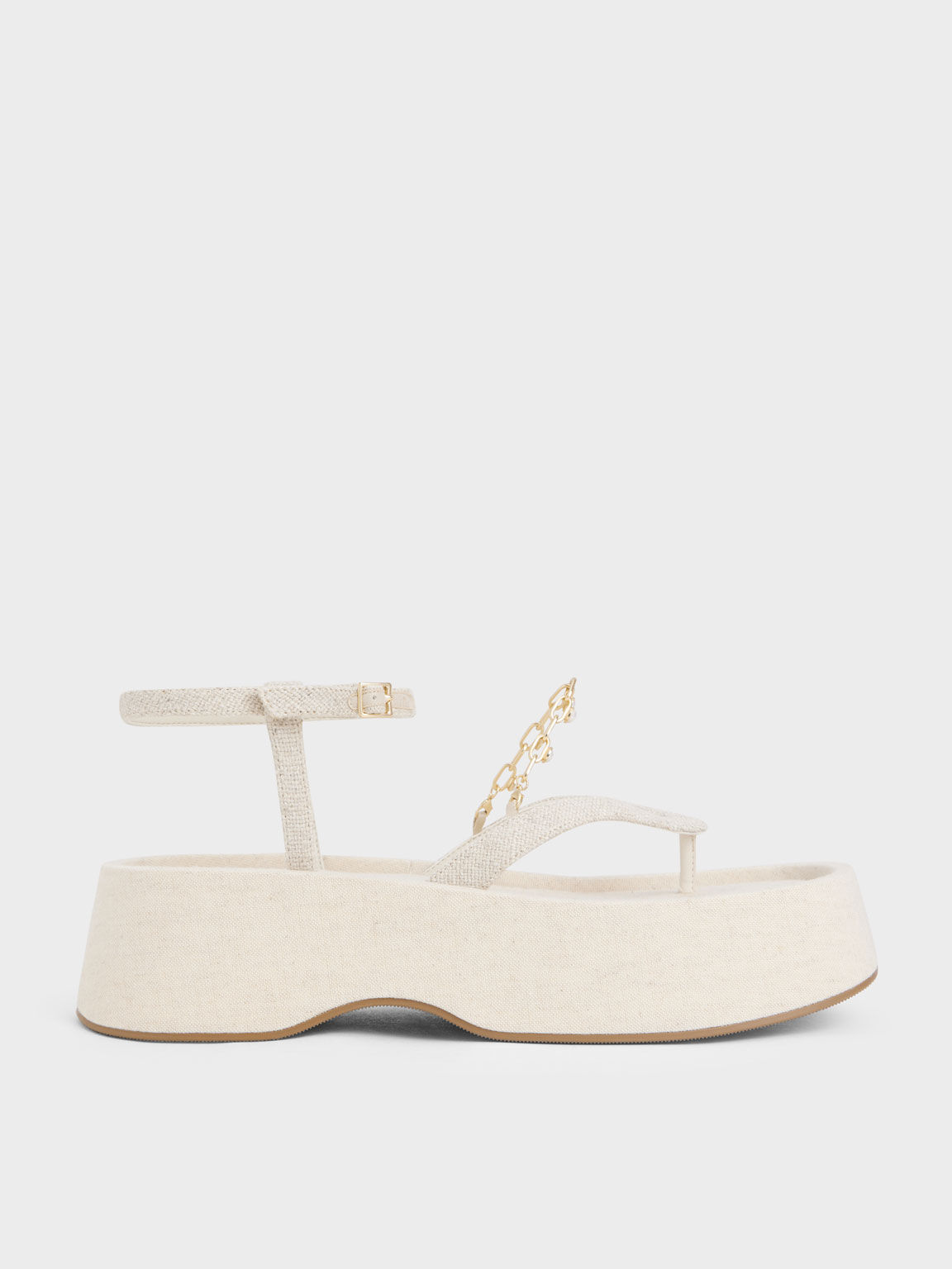 Savannah Chain-Embellished Ankle-Strap Linen Flatforms, Beige, hi-res