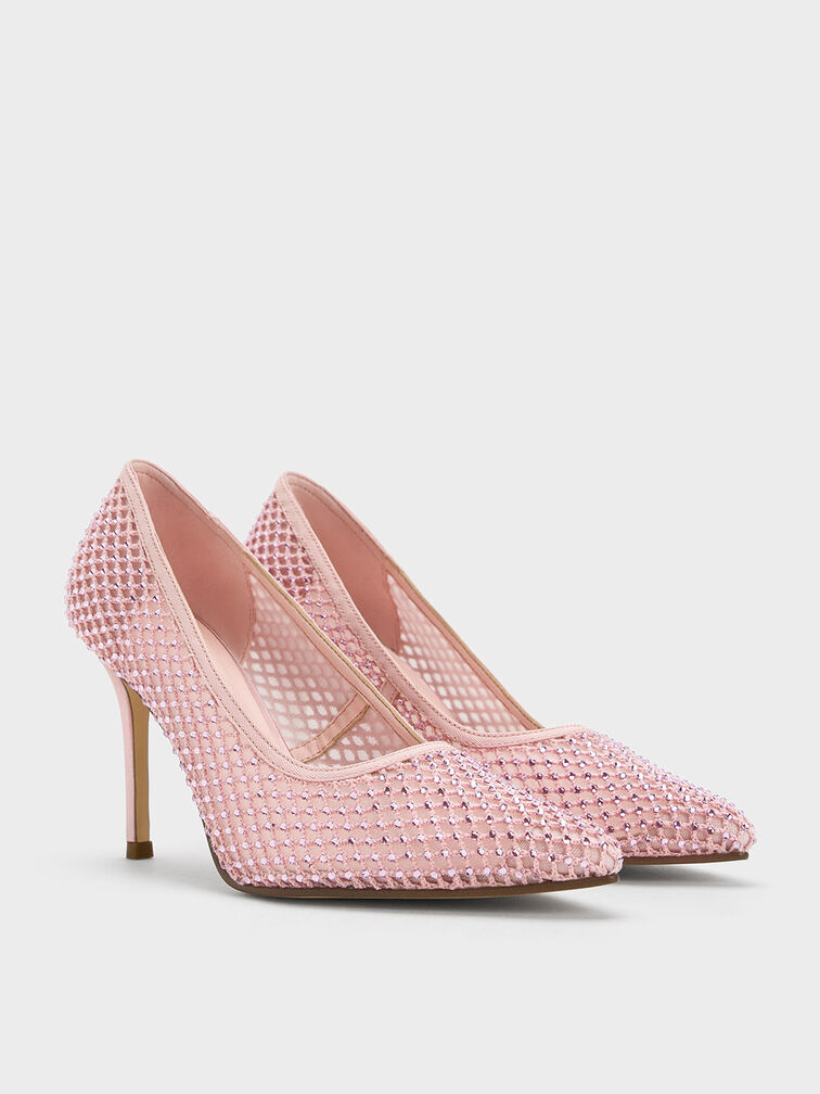 Mesh Crystal-Embellished Stiletto Pumps, Light Pink, hi-res