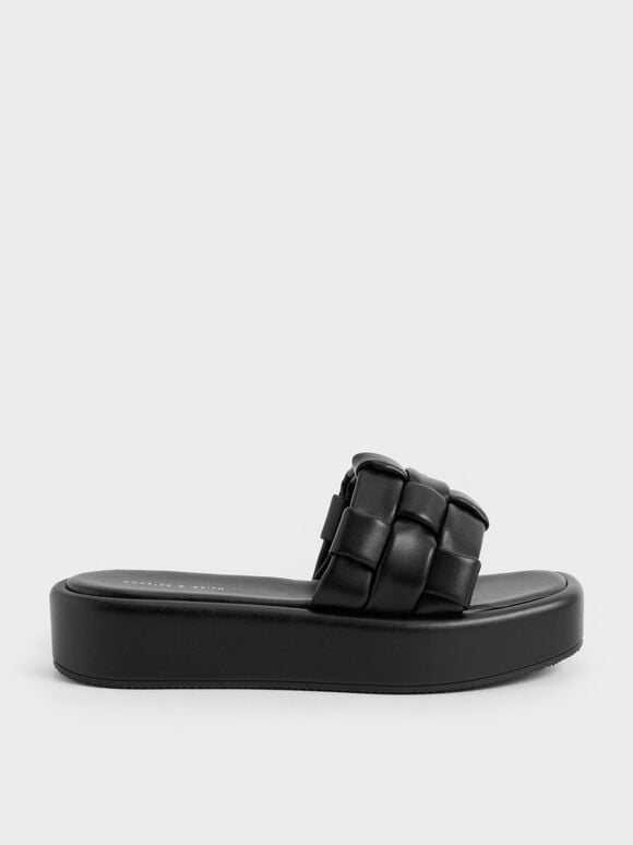 Interwoven Strap Platform Sandals, Black, hi-res