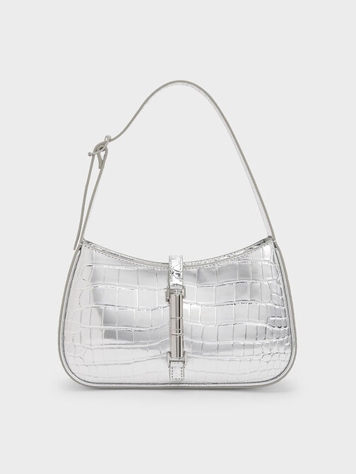 Cesia Croc-Effect Metallic-Accent Shoulder Bag, Silver, hi-res