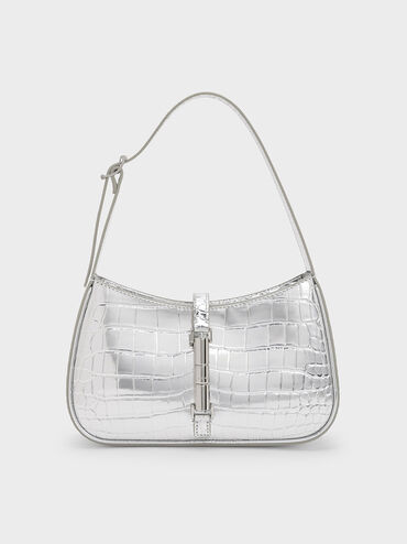 Cesia Croc-Effect Metallic-Accent Shoulder Bag, Silver, hi-res