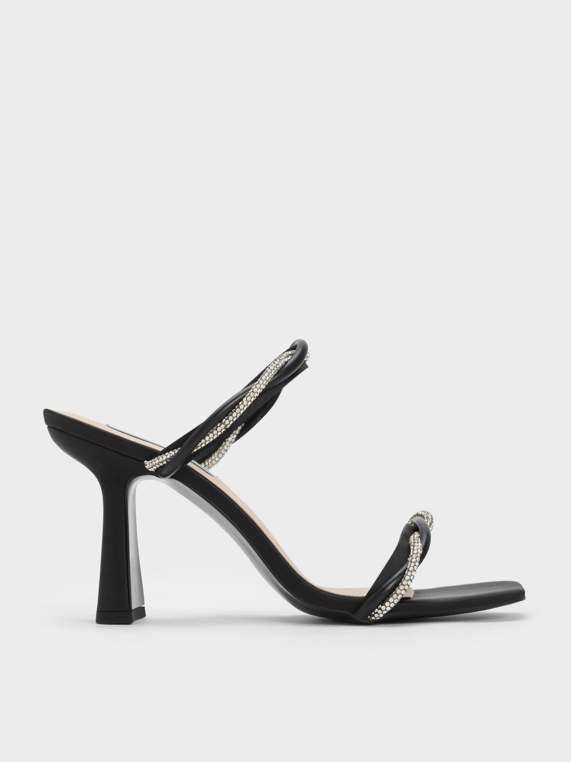 Black Embellished Twisted Strap Satin Sandals - CHARLES & KEITH SA