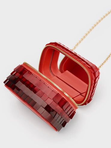 Disc-Embellished Vanity Pouch, Red, hi-res