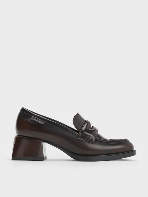 Penny Loafer Trapeze-Heel Pumps, Brown, hi-res