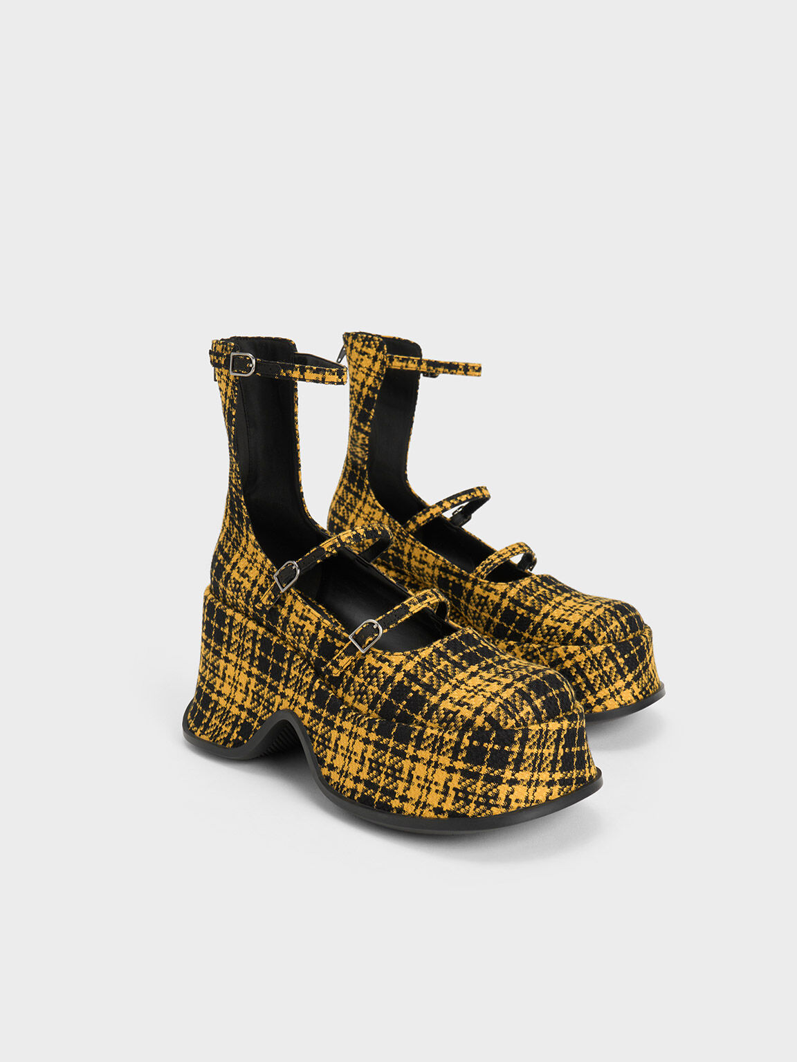 حذاء ماري جين كاروهات بتصميم كارلايل وكعب بلاتفورم, أصفر, hi-res