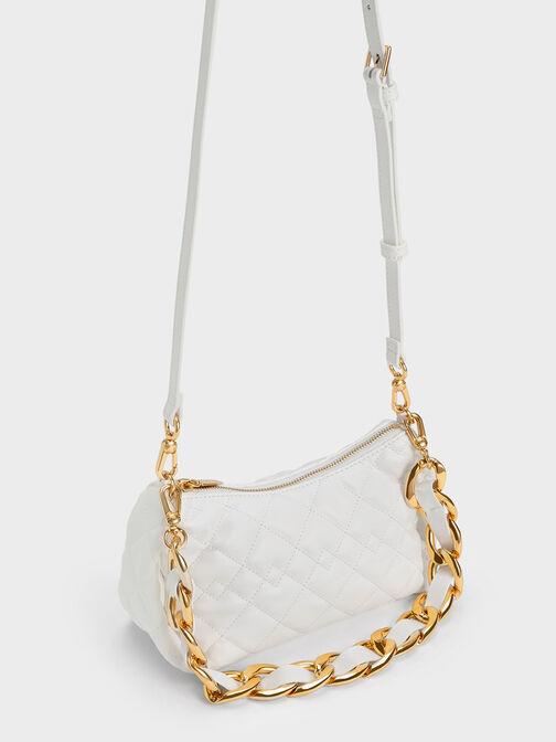 Nezu Chain Handle Quilted Hobo Bag, White, hi-res