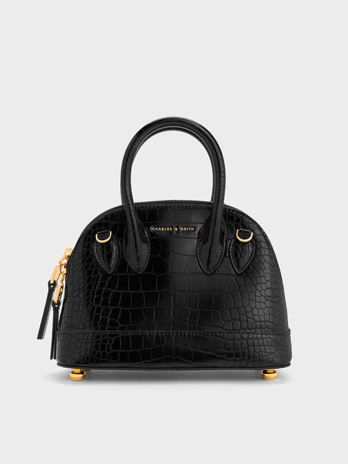 Harmonee Croc-Embossed Bowling Bag, Black, hi-res