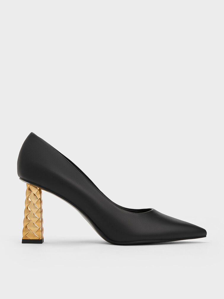 Quilted Heel Pointed-Toe Pumps, Black, hi-res