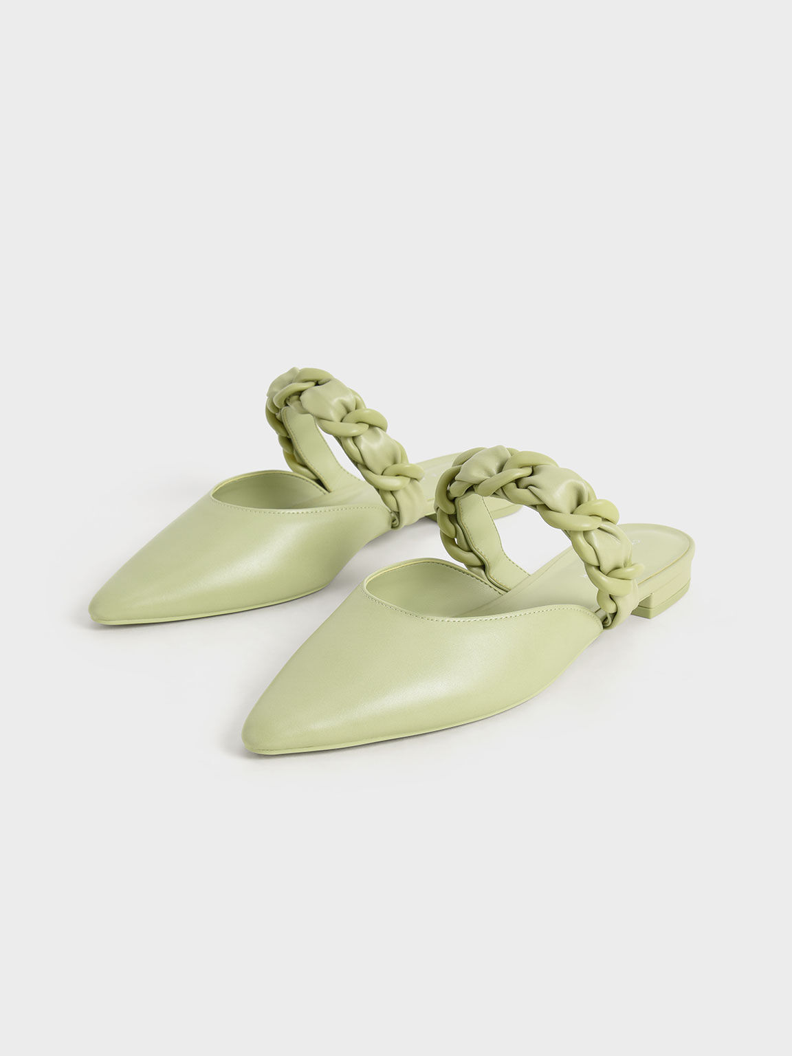 Braided Chain-Link Flat Mules, Sage Green, hi-res