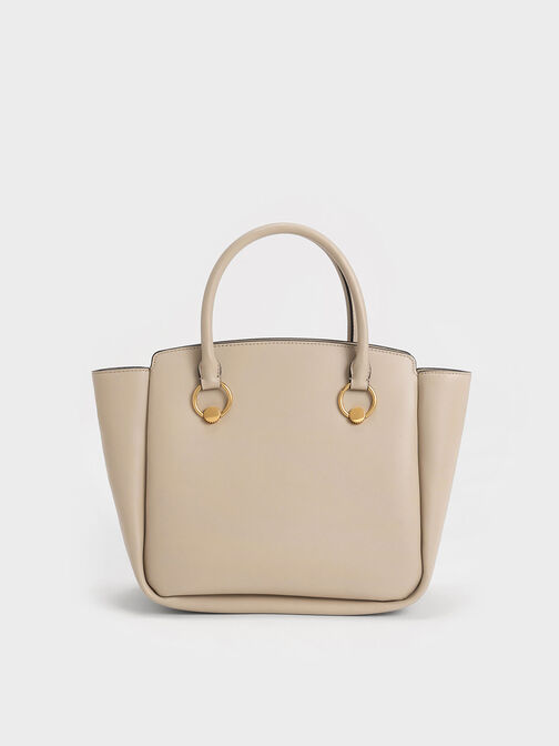 Ring-Embellished Large Tote Bag, Beige, hi-res
