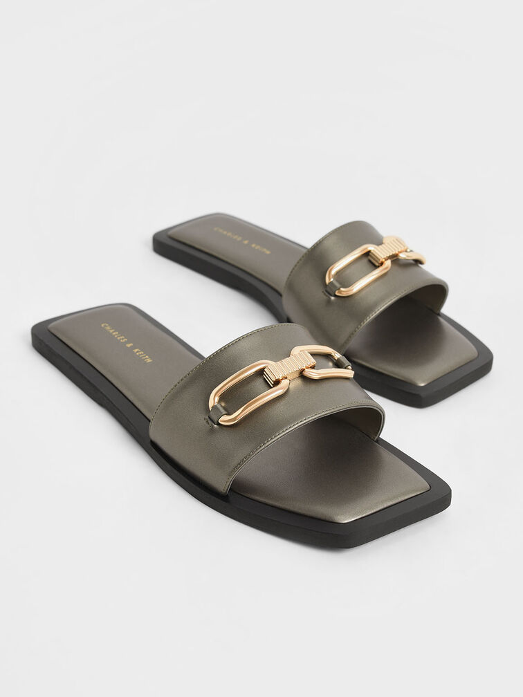 Metallic Accent Padded Slide Sandals, Bronze, hi-res
