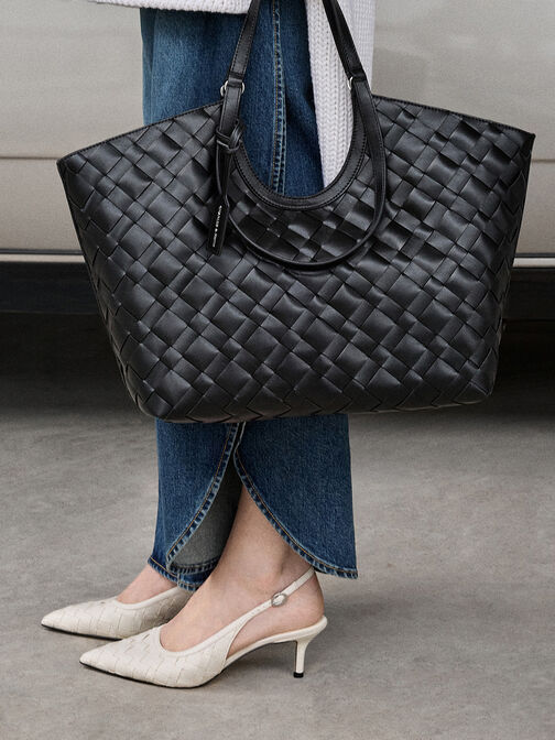 Ivette Woven Pointed-Toe Slingback Pumps, Chalk, hi-res