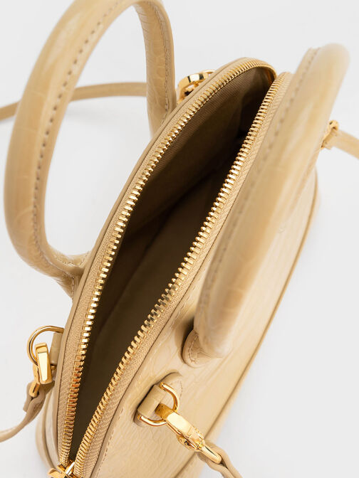 Harmonee Croc-Embossed Bowling Bag, Beige, hi-res