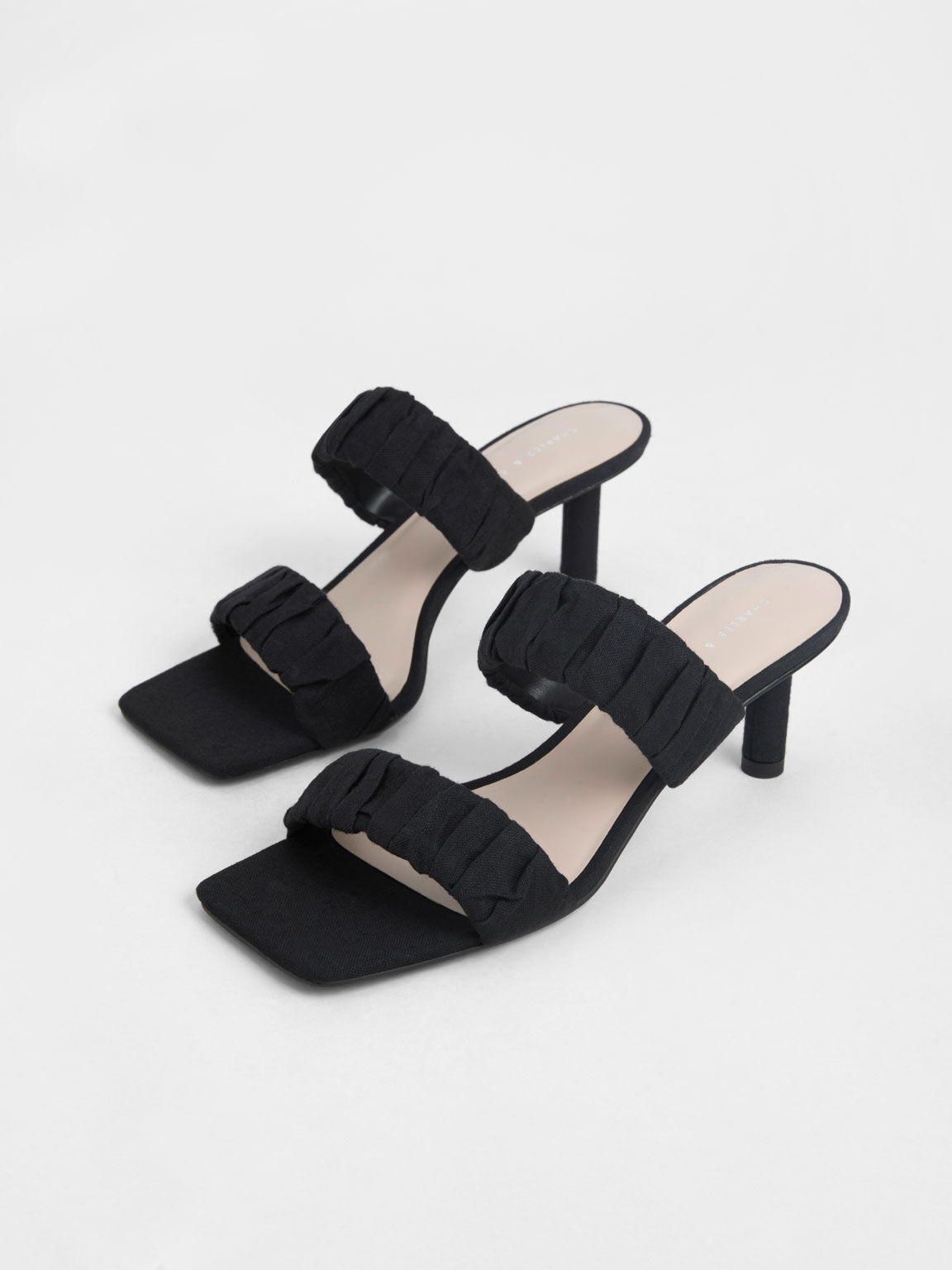 Linen Ruched Heeled Mules, Black, hi-res