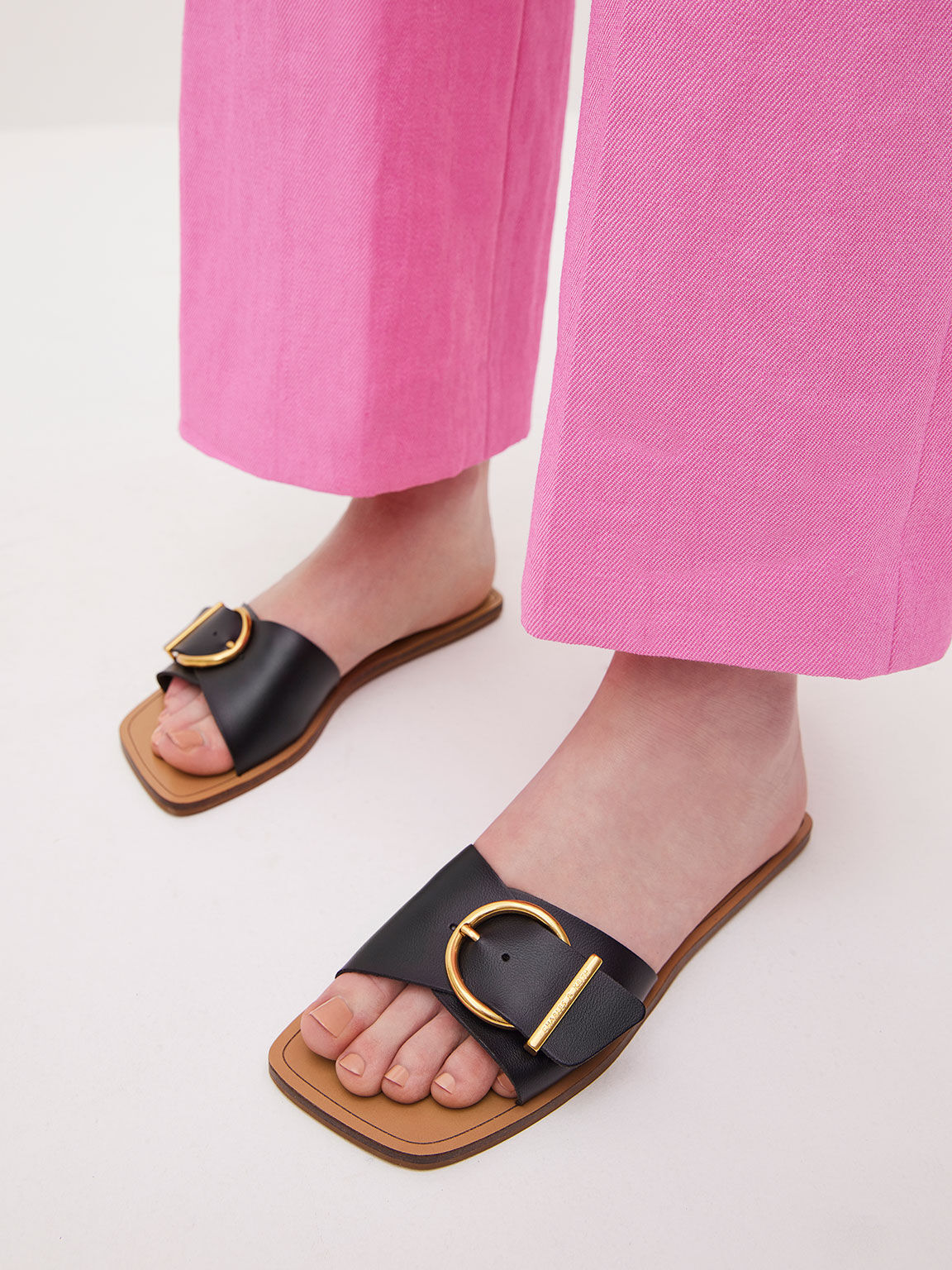 Square Toe Buckled Slides, Black, hi-res