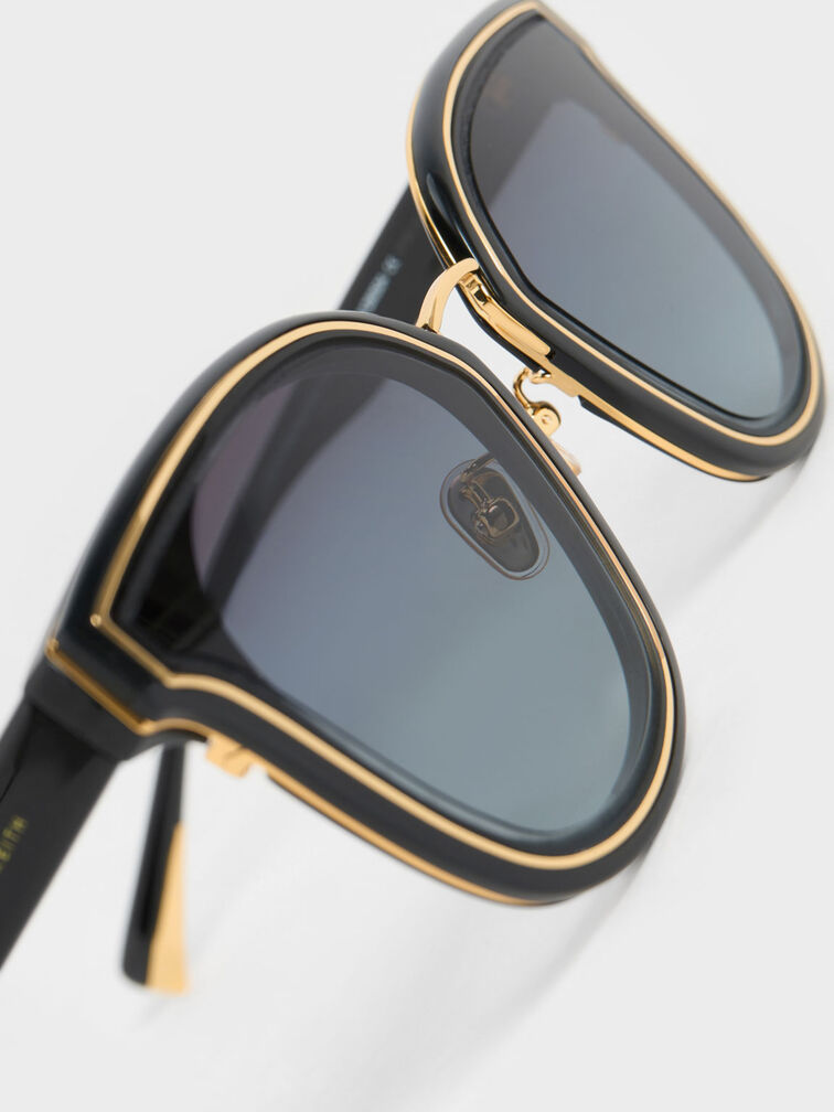 نظارة شمسية مستطيلة العدسات بإطار ذهبي, أسود, hi-res