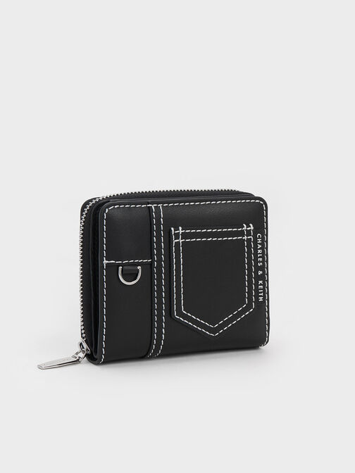 Anthea Contrast-Trim Zip Around Wallet, Black, hi-res
