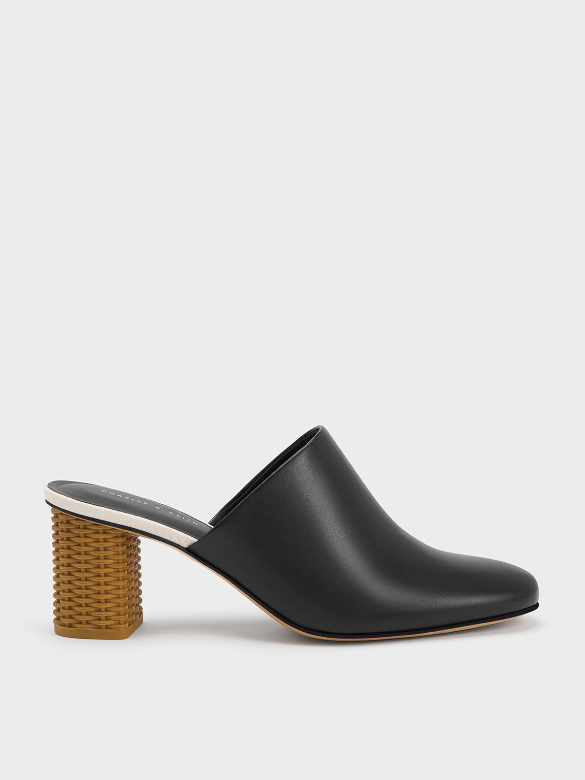 Rattan Block Heel Mules, Black, hi-res