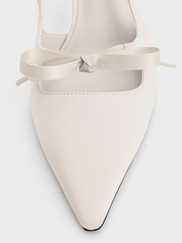 Satin Bow Pointed-Toe Slingback Pumps, Light Grey, hi-res