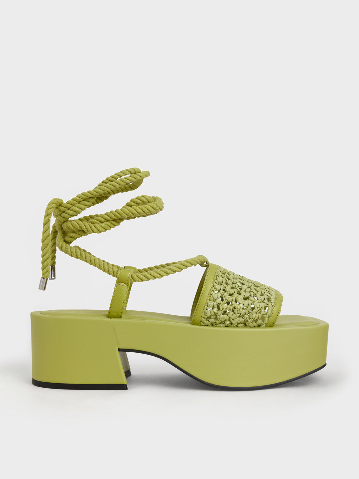 Micah Raffia & Leather Tie-Around Flatforms, Green, hi-res