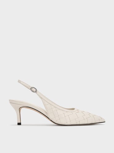 Ivette Woven Pointed-Toe Slingback Pumps, Chalk, hi-res