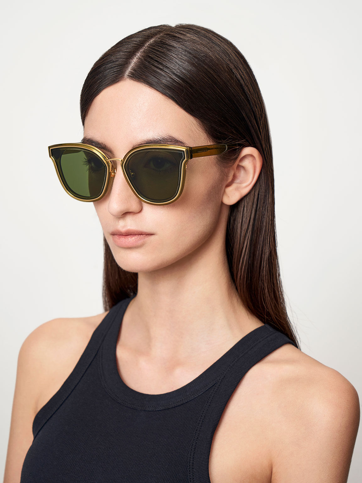 نظارة شمسية مستطيلة العدسات بإطار ذهبي, لون أخضر, hi-res