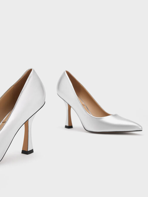 Metallic Leather Flare Heel Pumps, Silver, hi-res